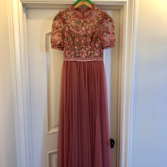 needle & thread embellished tiered tulle maxi dress in rouge